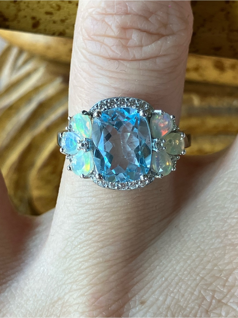Genuine Sky Blue Topaz Ethiopian Opal Sterling Silver Ring Size 6